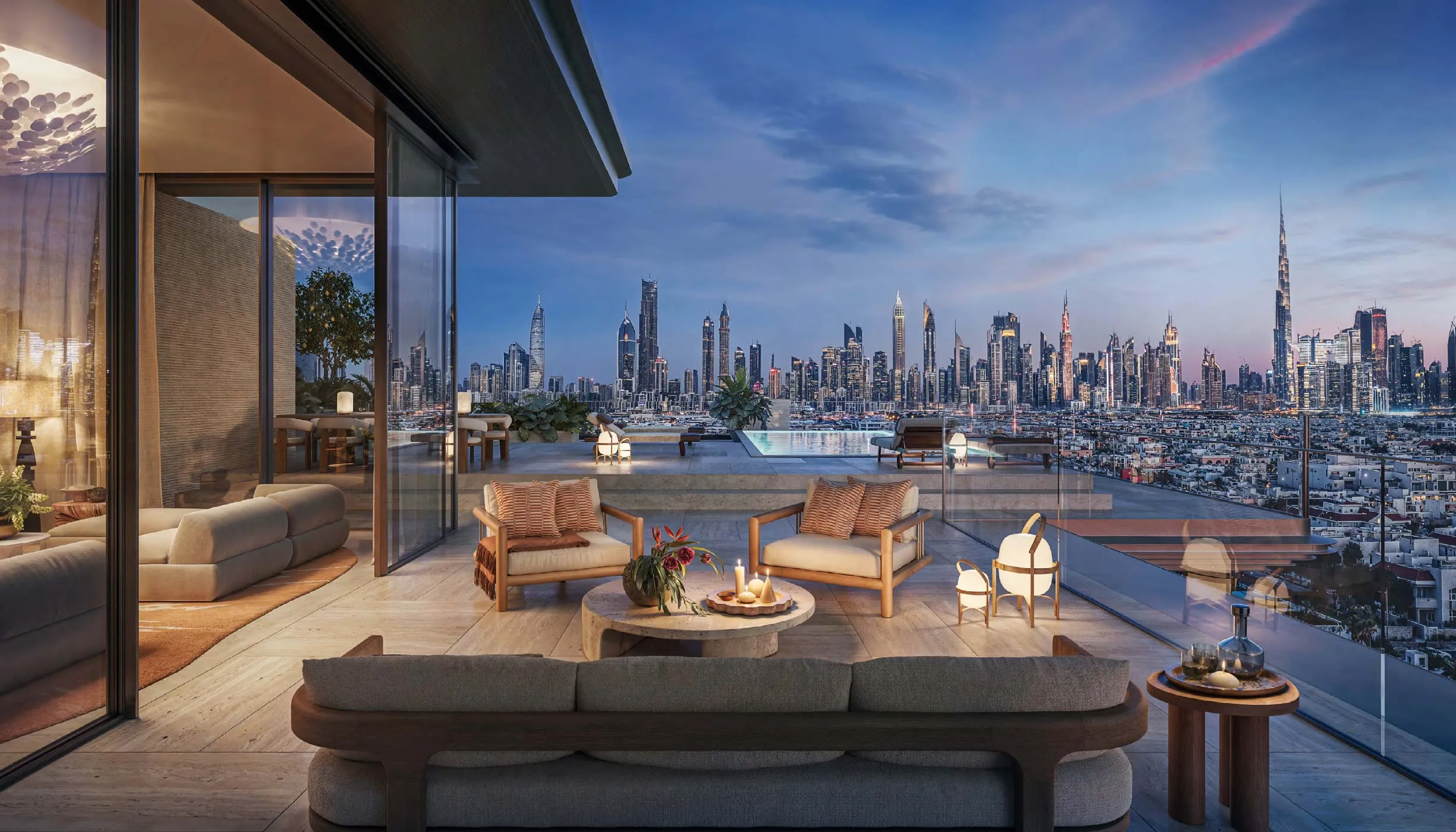 Solaya penthouse terrace and pool at dusk overlooking the Dubai skyline