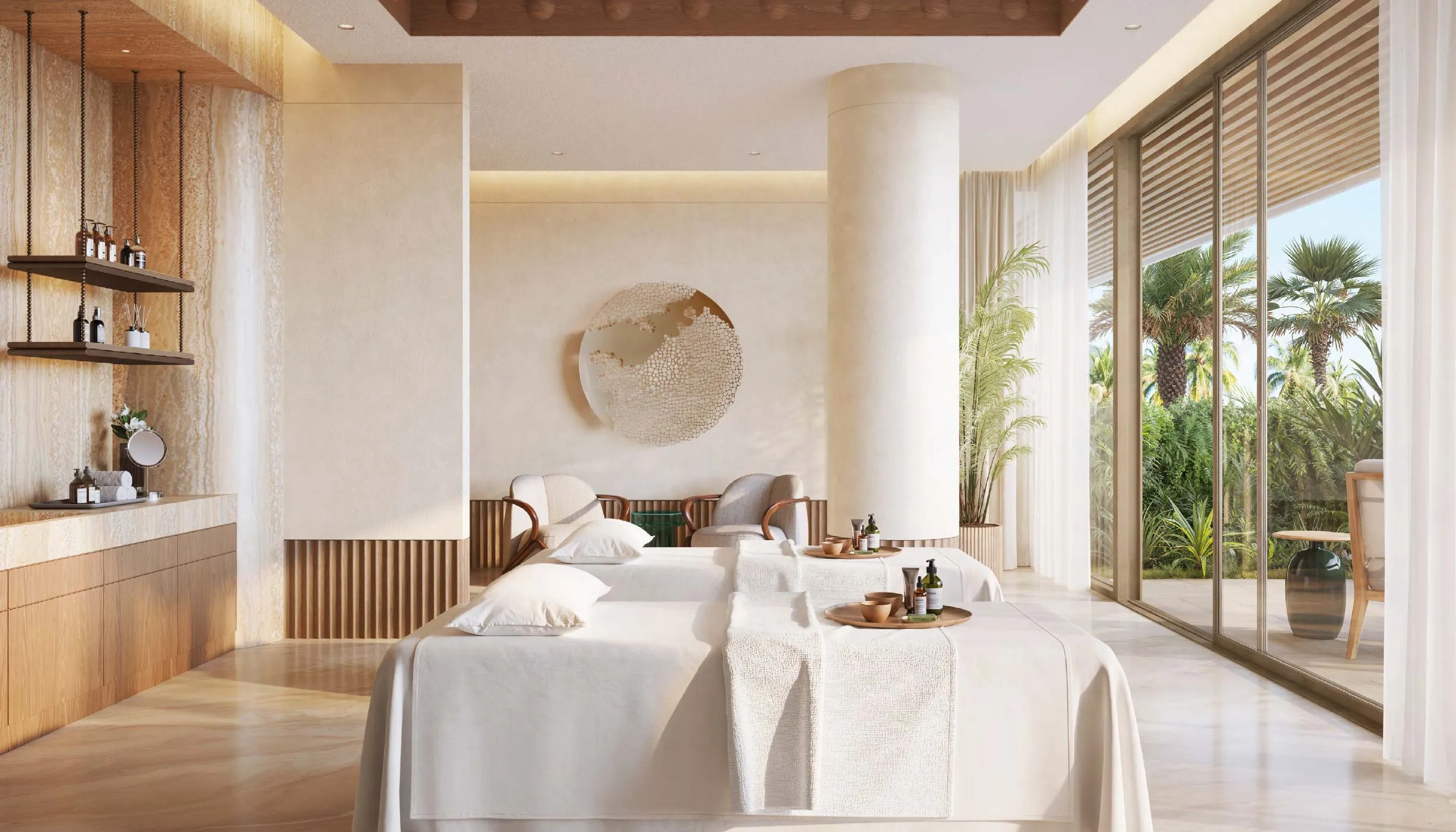 Treatment room in the Solaya spa opening onto a garden