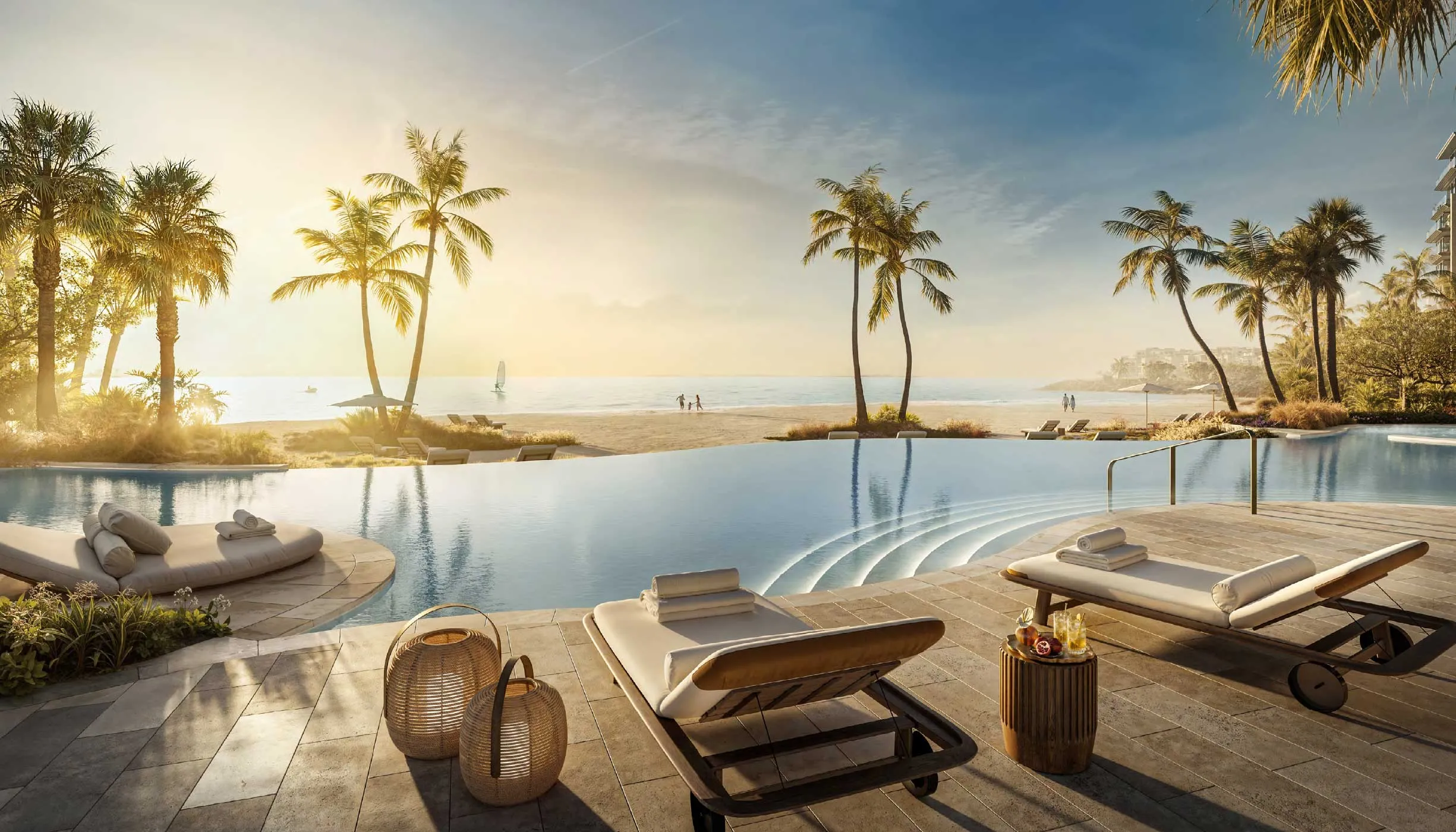 Pool deck at Solaya opening onto the beach